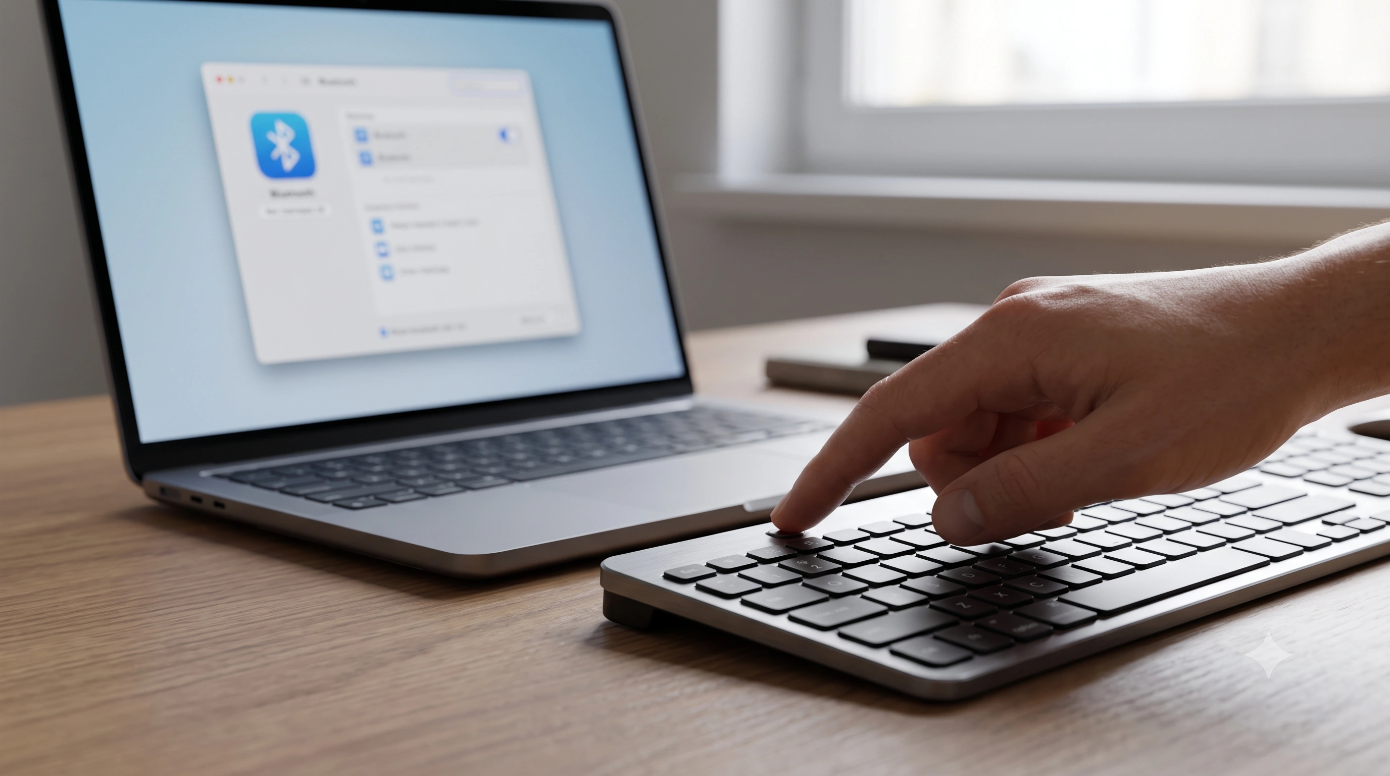 Person holding a wireless keyboard next to a laptop, pressing the pairing button on the back of the keyboard while the Bluetooth settings screen is open