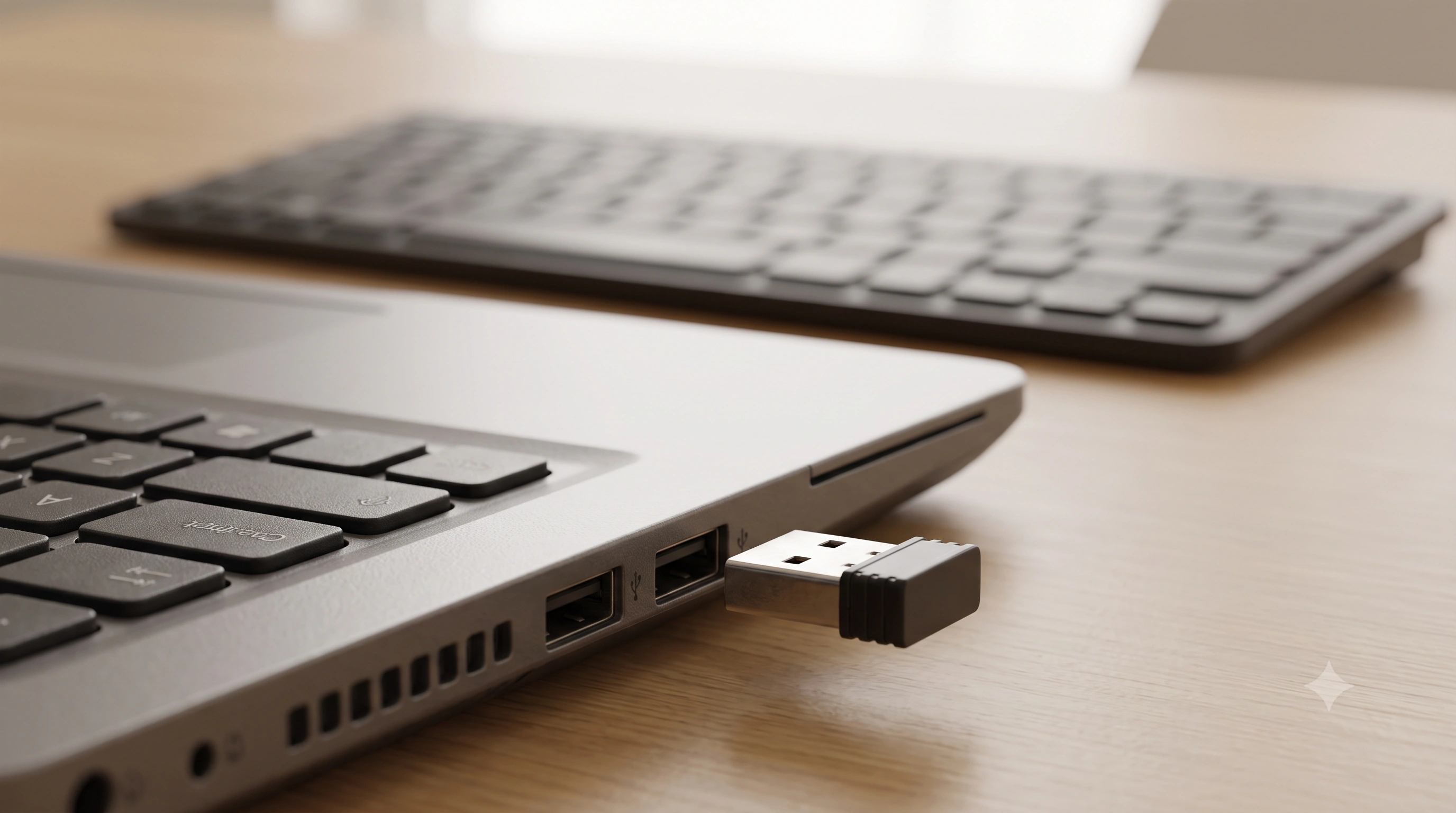 Close-up of a small USB wireless receiver dongle being plugged into a laptop's USB-A port, with a keyboard visible in the background