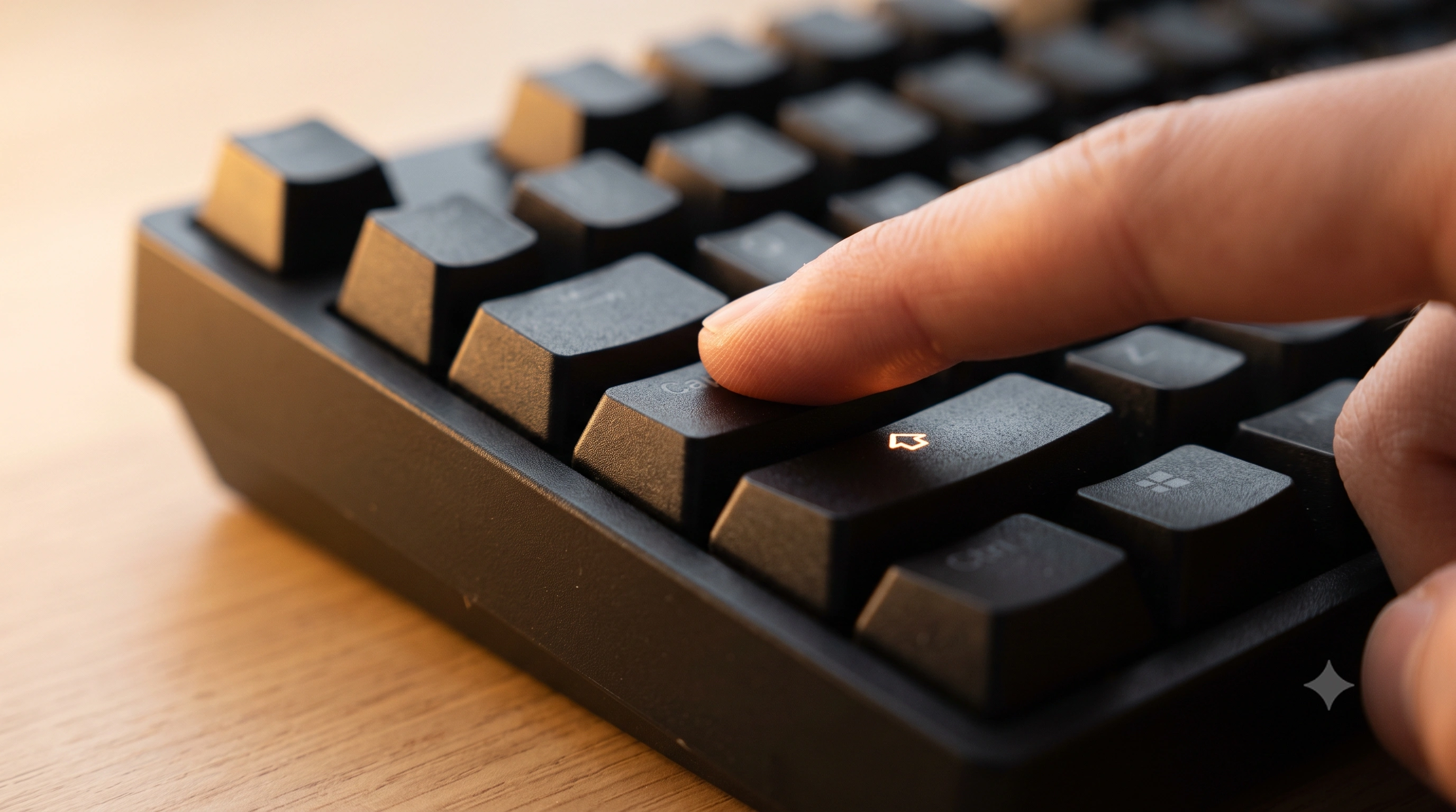 Close-up of a finger pressing the Caps Lock key on a mechanical keyboard with the Caps Lock indicator light visible