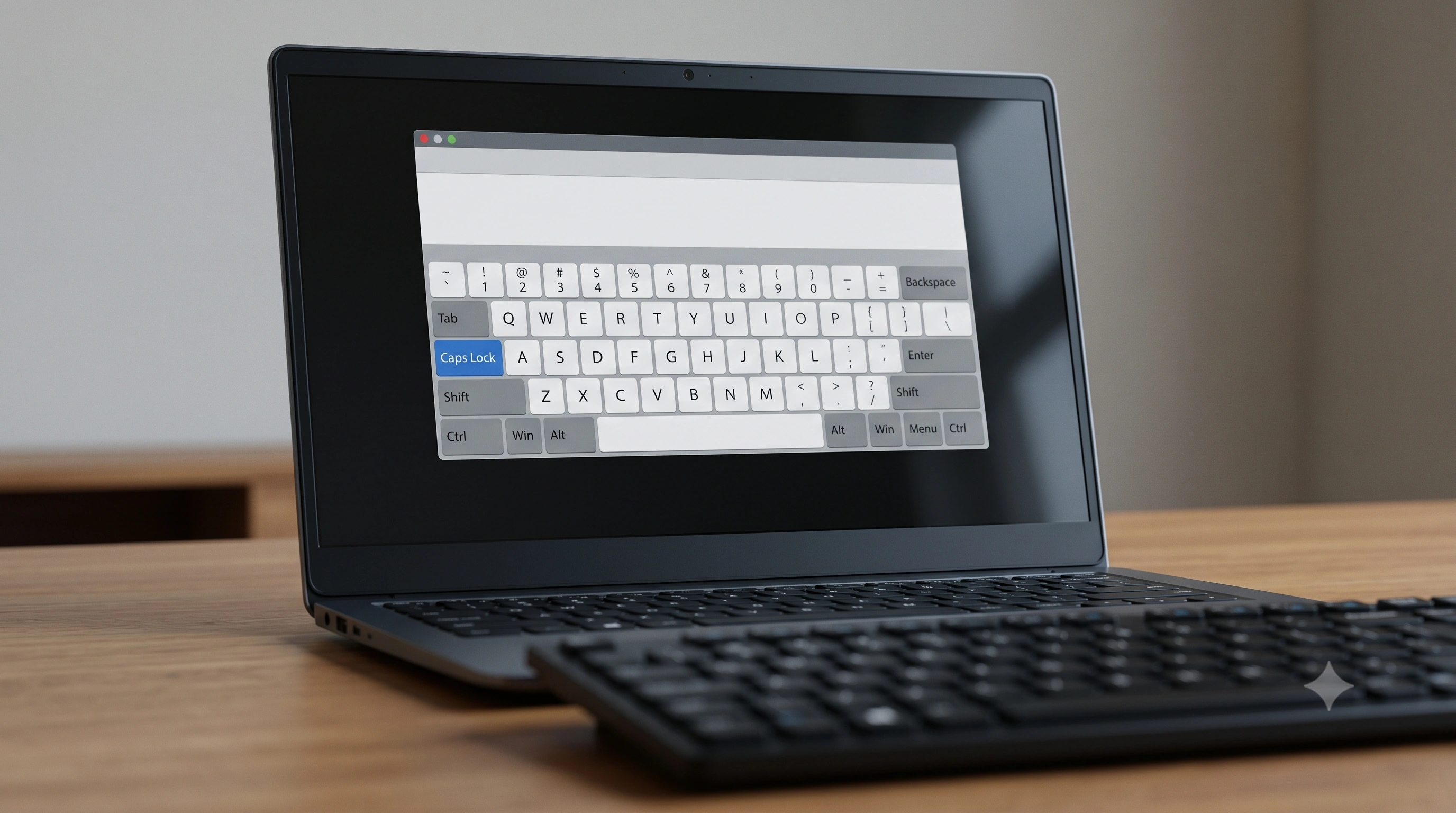 Laptop screen showing an on-screen virtual keyboard with the Caps Lock key highlighted, next to a physical keyboard