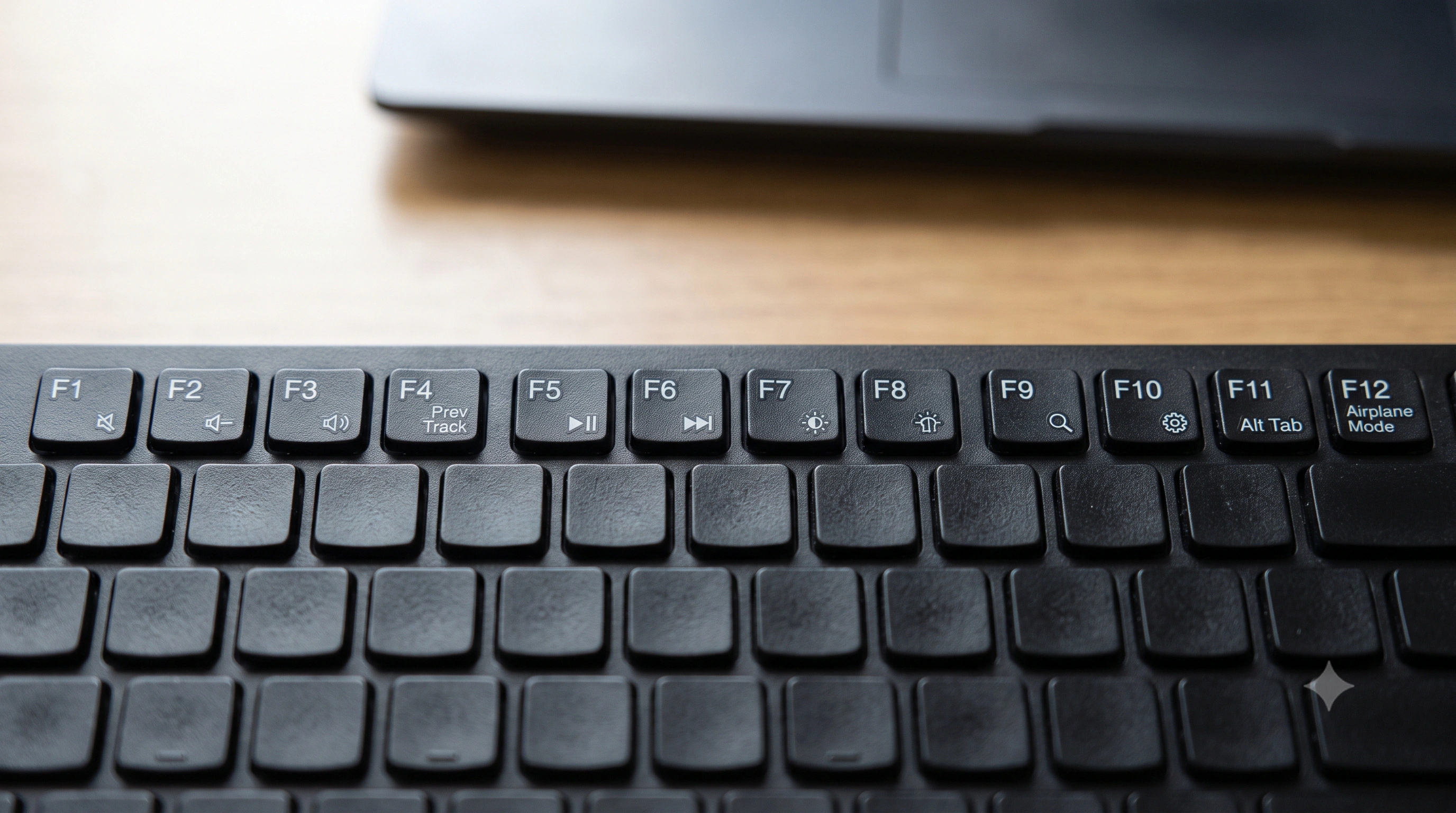 Close-up of a laptop keyboard's top row showing function keys with dual-purpose media and brightness icons