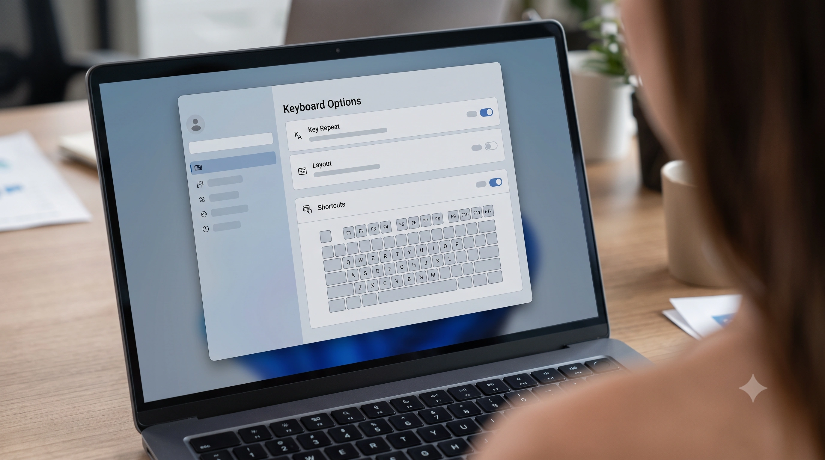Person adjusting keyboard settings in a laptop's system preferences with the function key row visible below