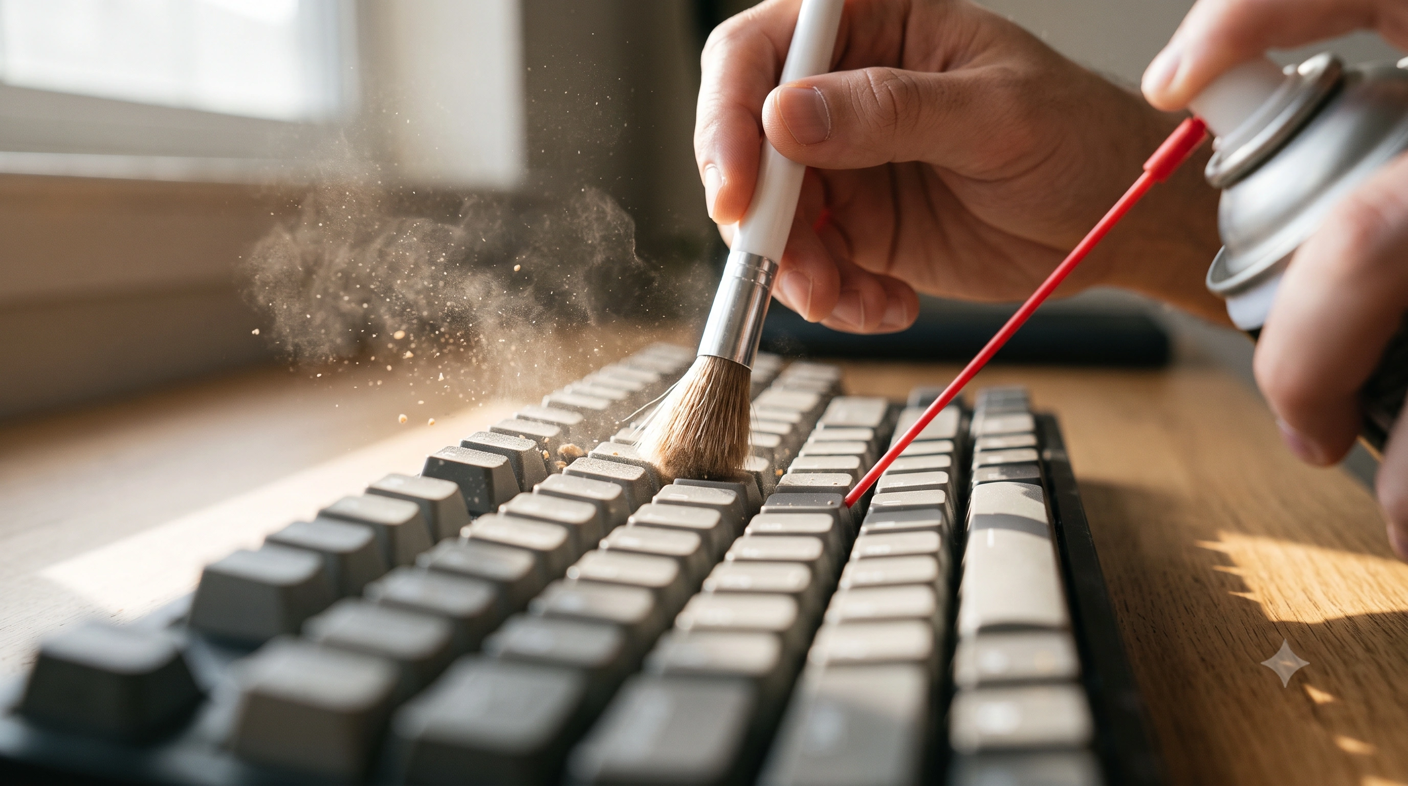 Close-up of a hand using a small brush and a can of compressed air to clear crumbs and dust from between mechanical keyboard keys