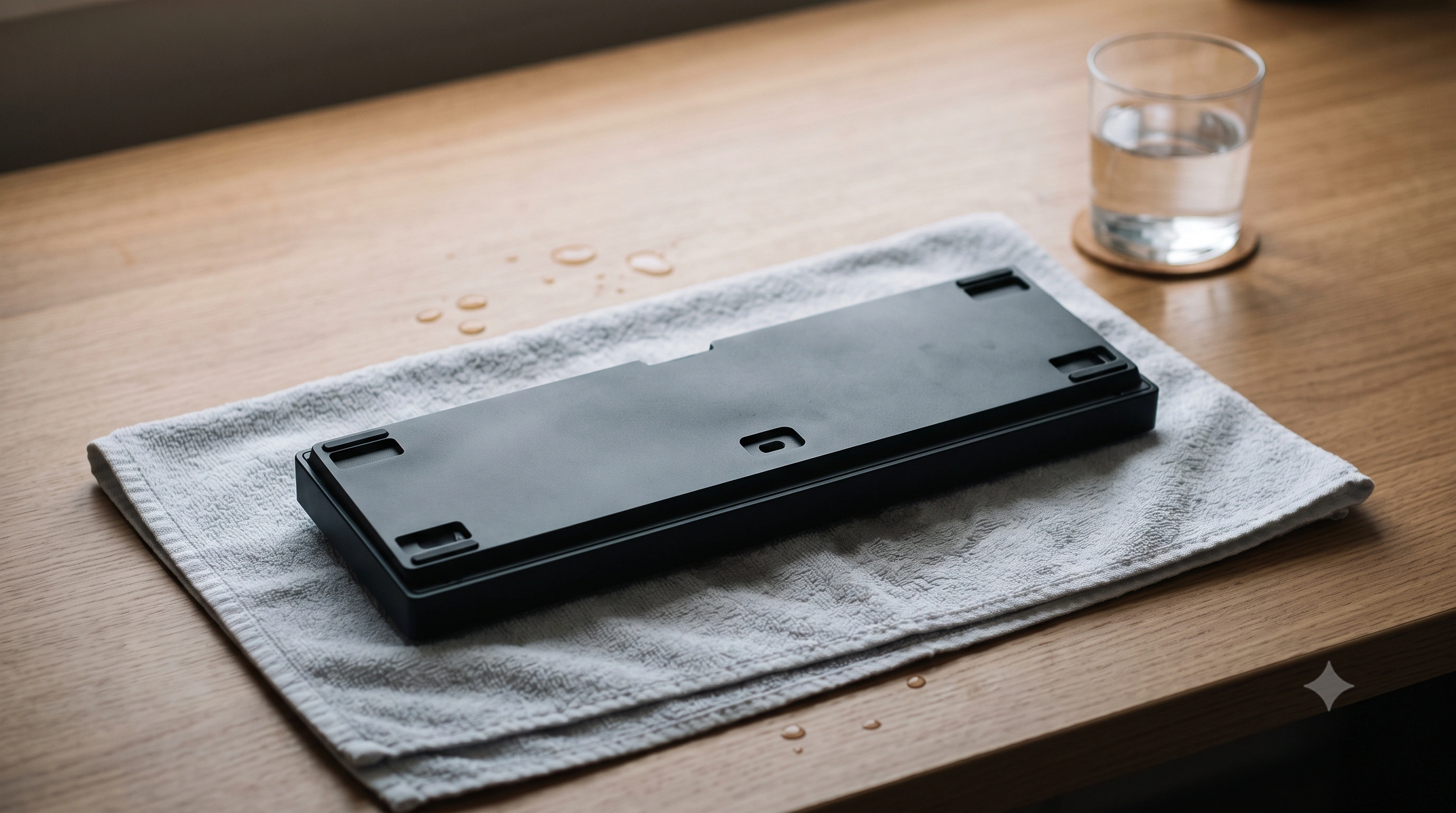 A keyboard turned upside down on a towel to drain liquid after a spill, with a few water droplets visible on the desk nearby