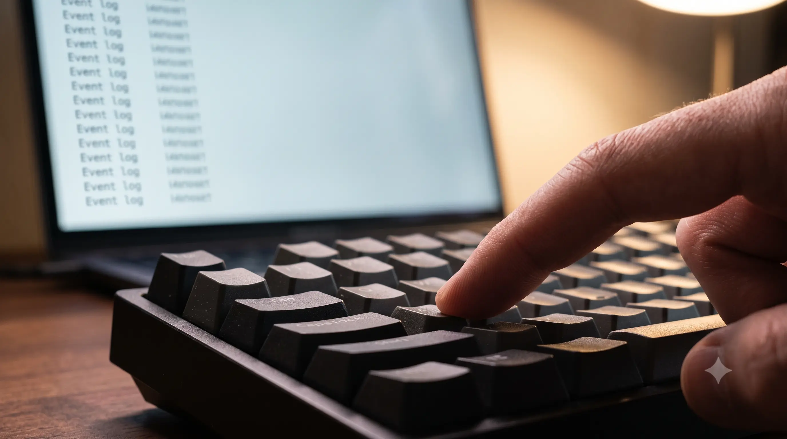 Close-up of a hand pressing a single key while a laptop screen shows a raw key-event log with keydown entries