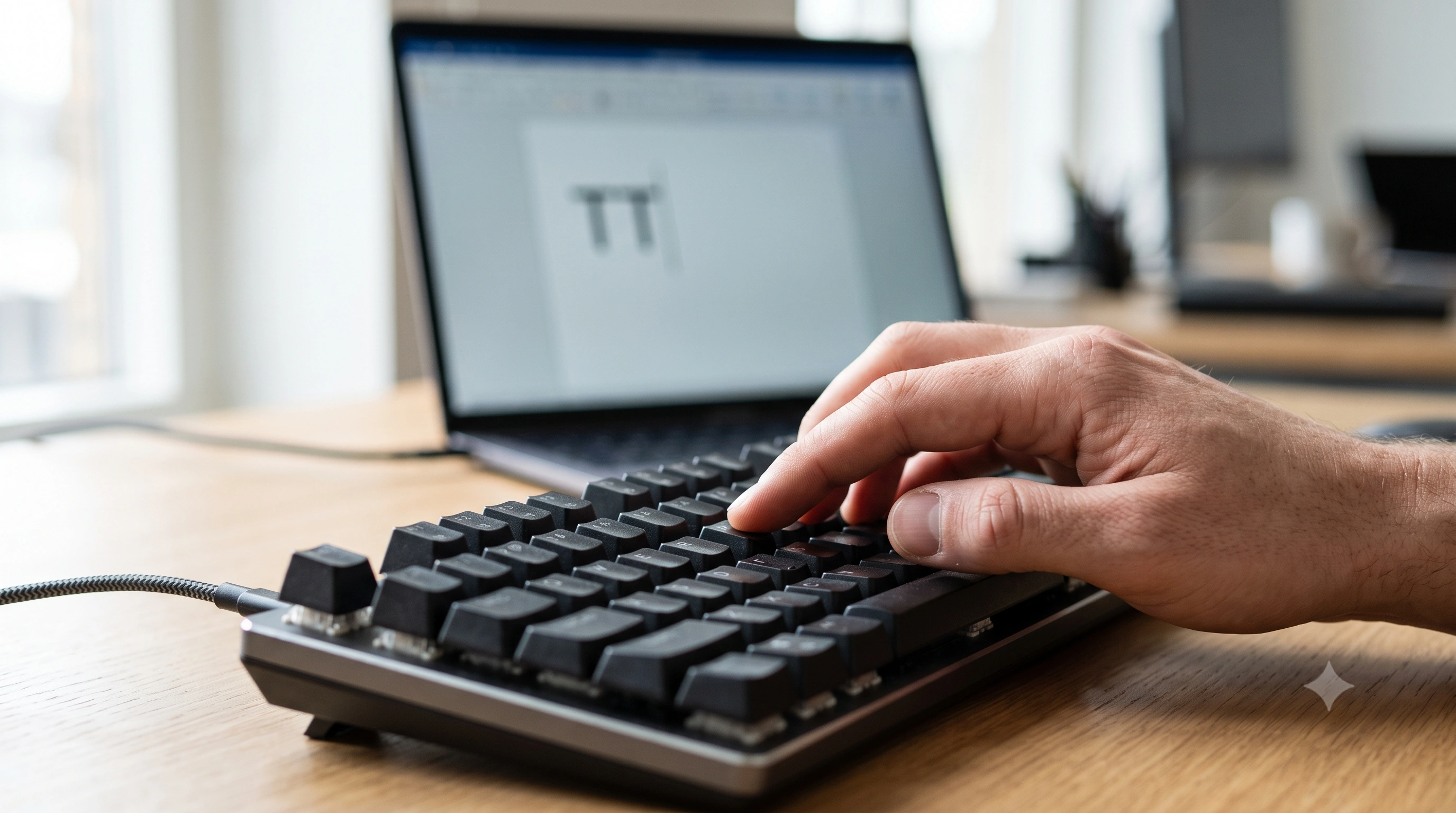Close-up of a hand typing on a mechanical keyboard with a laptop screen behind it showing a doubled letter in a text field