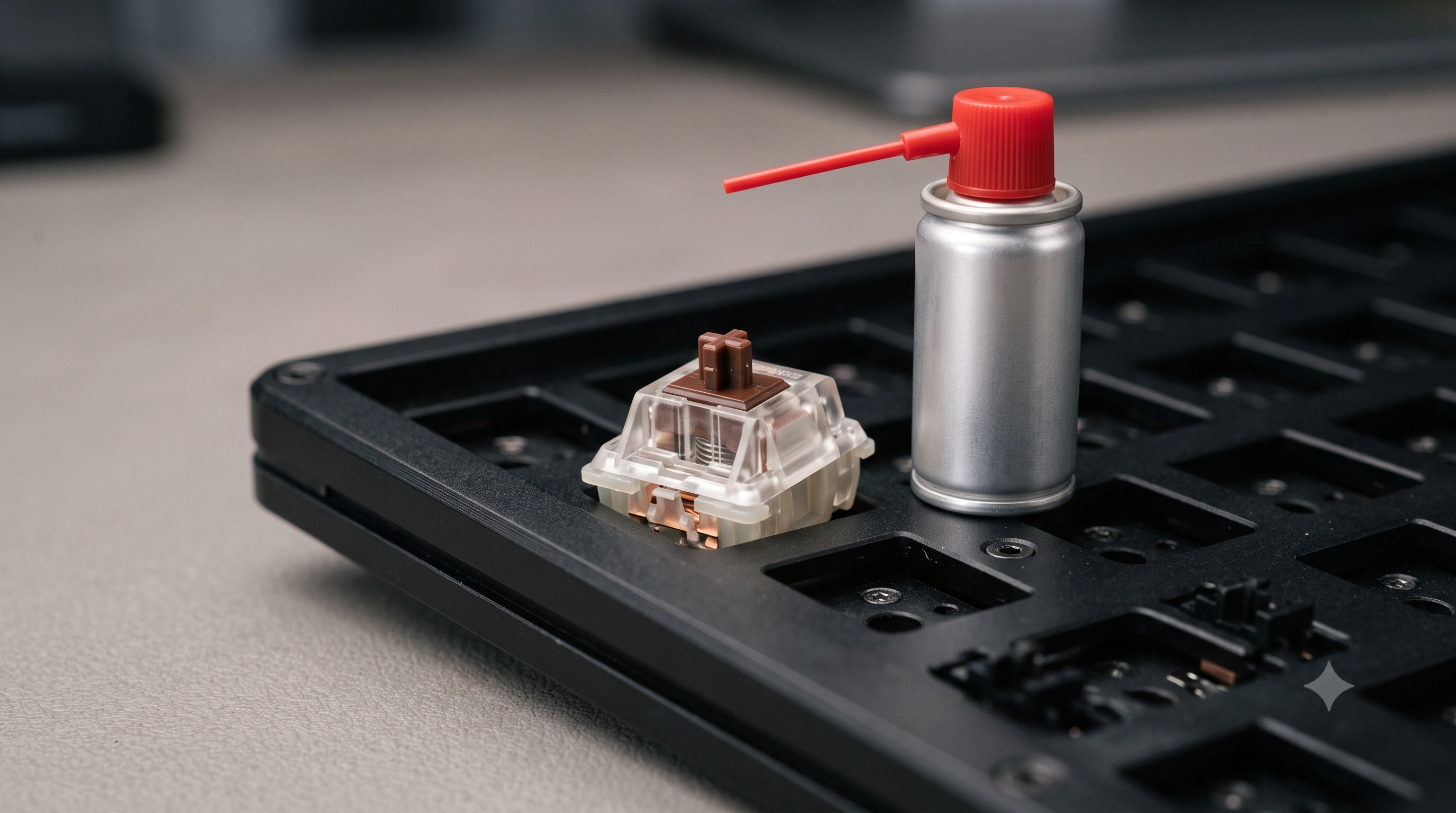 Macro shot of a mechanical keyboard switch with the keycap removed, a small can of contact cleaner spray beside it