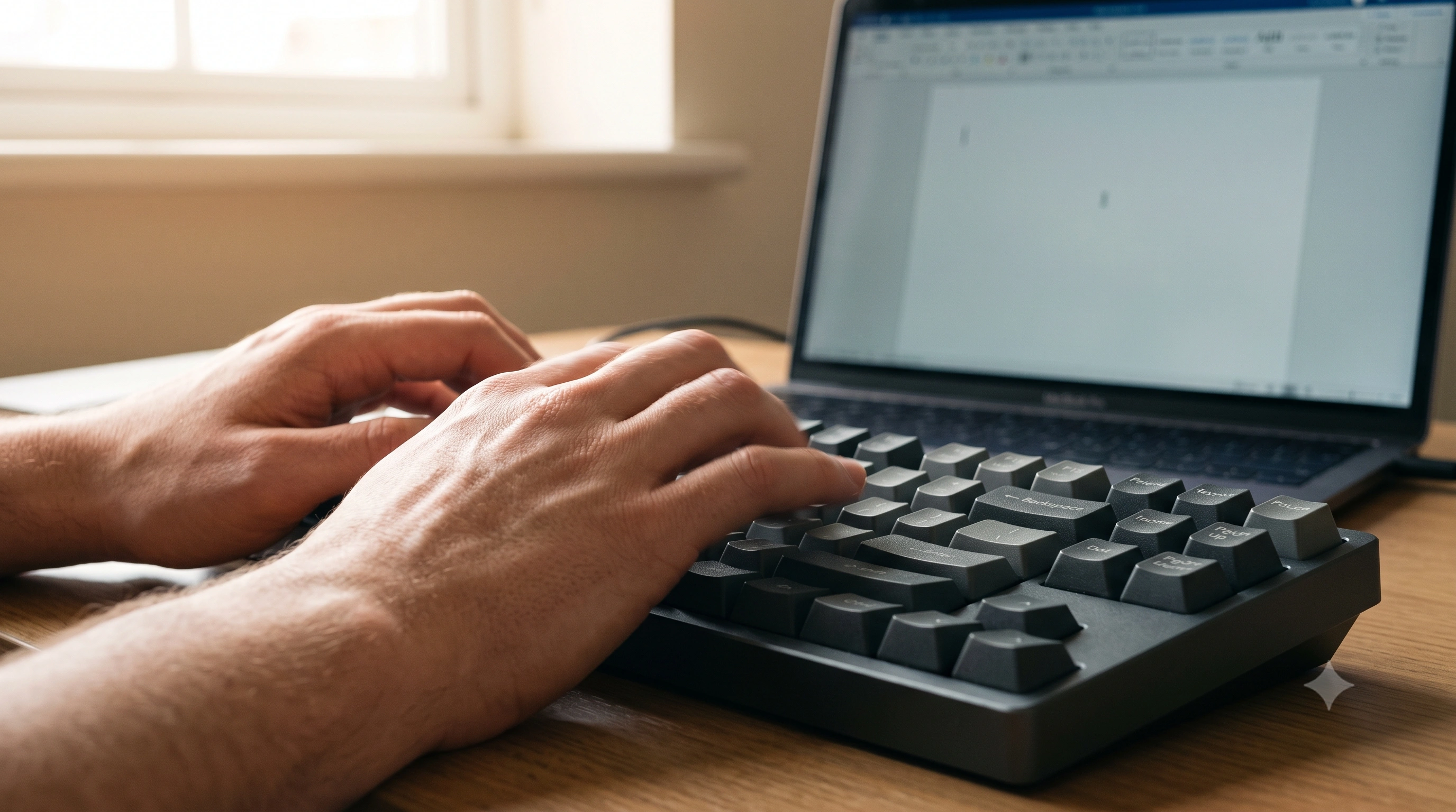 Close-up of hands typing quickly on a keyboard with a blurred motion effect suggesting speed and responsiveness