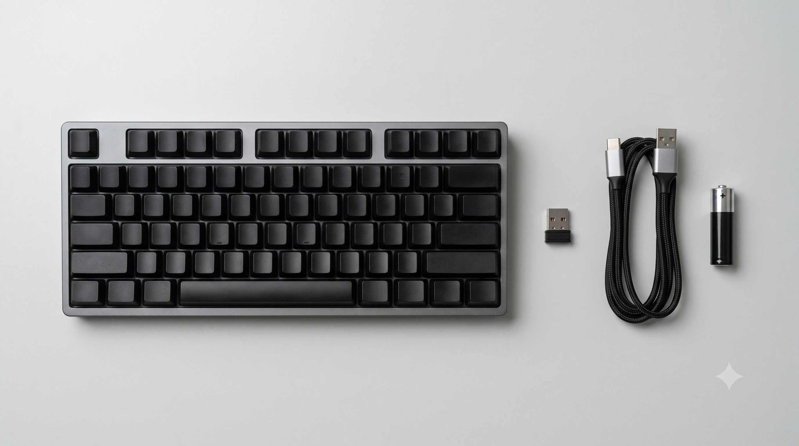Overhead view of a desk setup showing a wireless keyboard, its USB receiver dongle, and a USB cable side by side