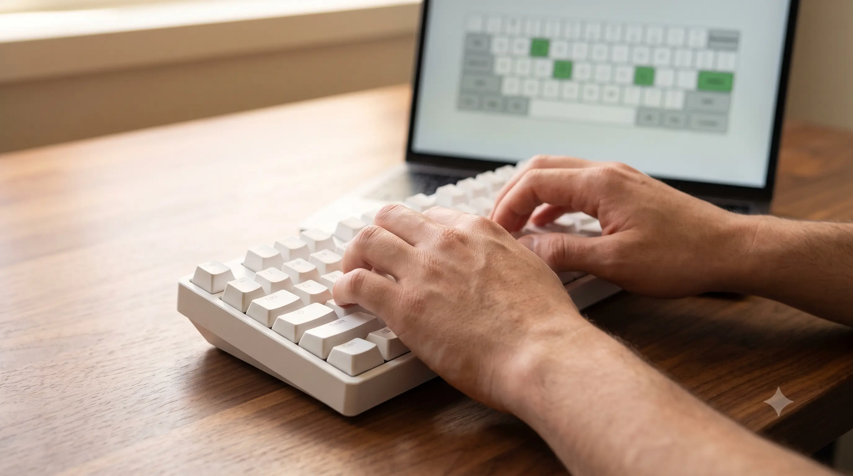 Close-up of hands typing on a mechanical keyboard with a browser-based key tester on the monitor behind it