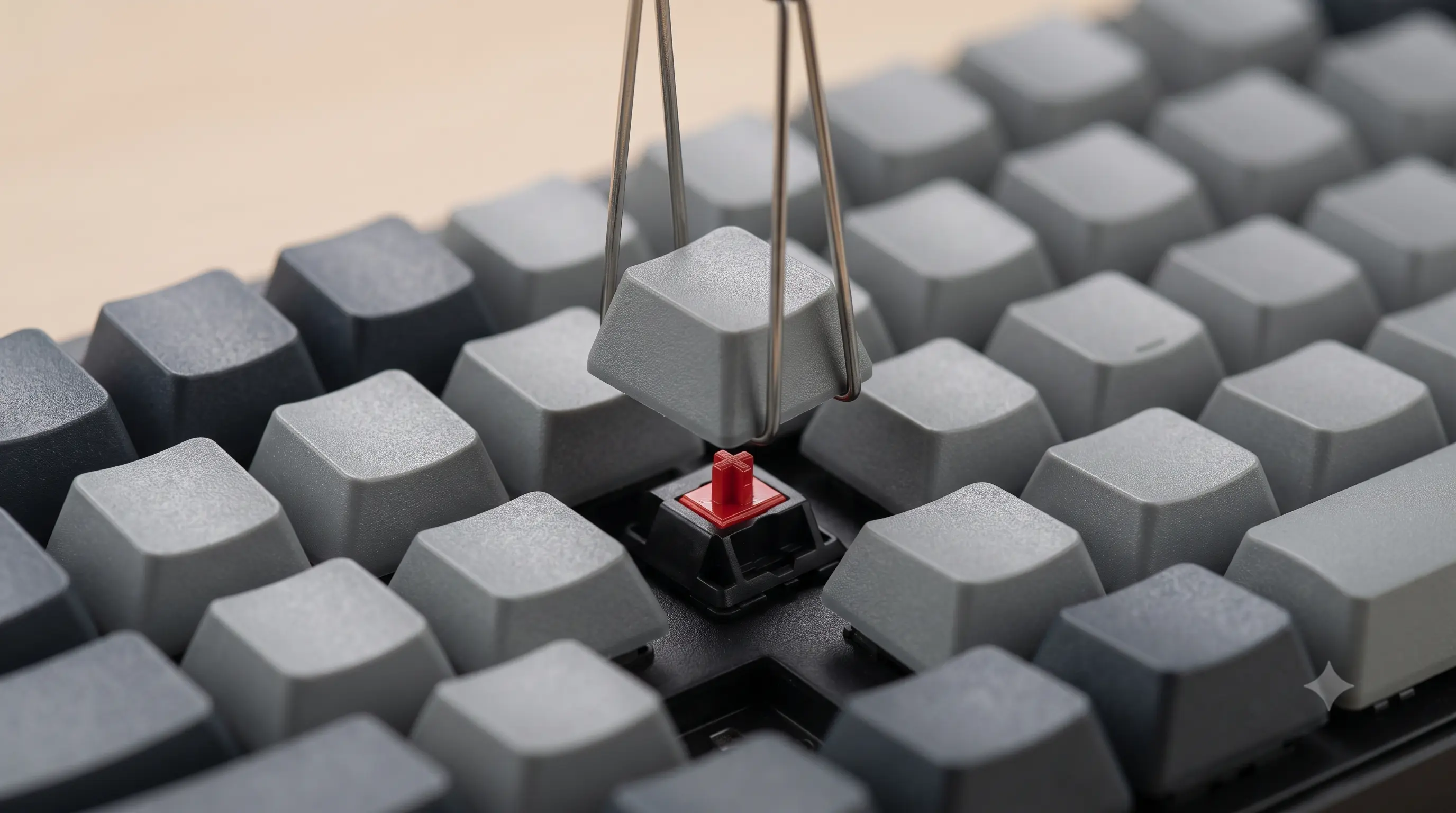 A keycap puller lifting a single keycap off a mechanical keyboard to expose the switch underneath