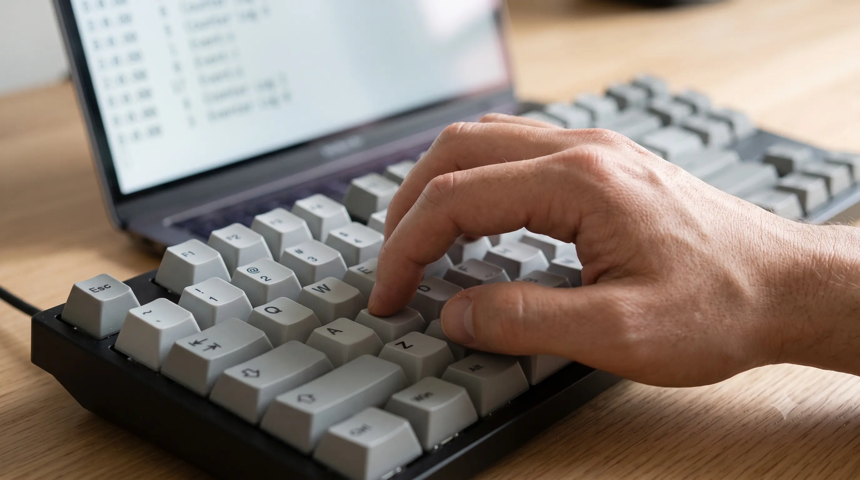 A hand pressing several keys at once on a keyboard while a rollover counter is visible on the screen
