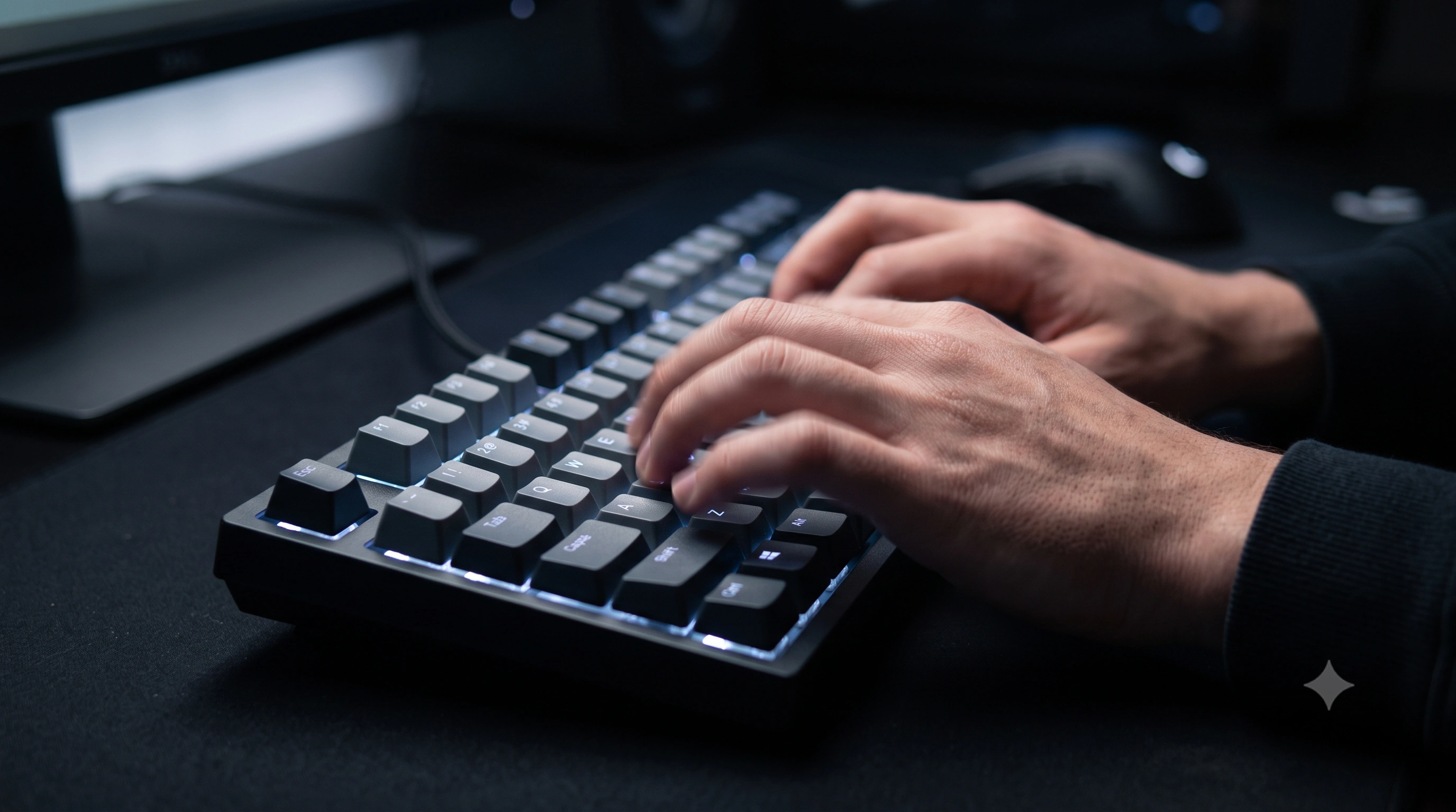 Close-up of hands typing rapidly on an RGB-lit mechanical gaming keyboard with motion blur on the fingers