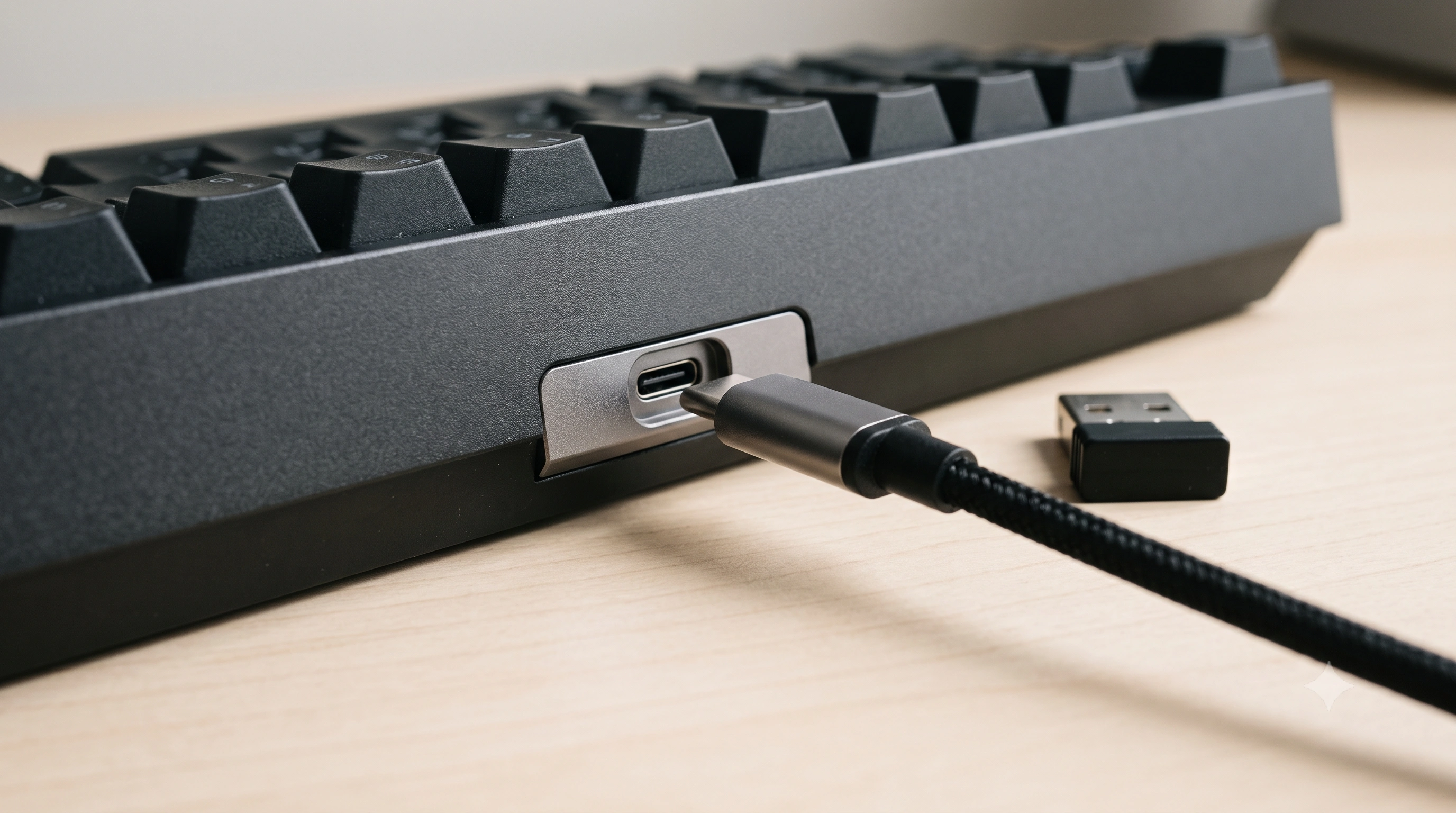 Close-up of a USB-C cable being plugged into a keyboard next to a small wireless USB dongle on a desk