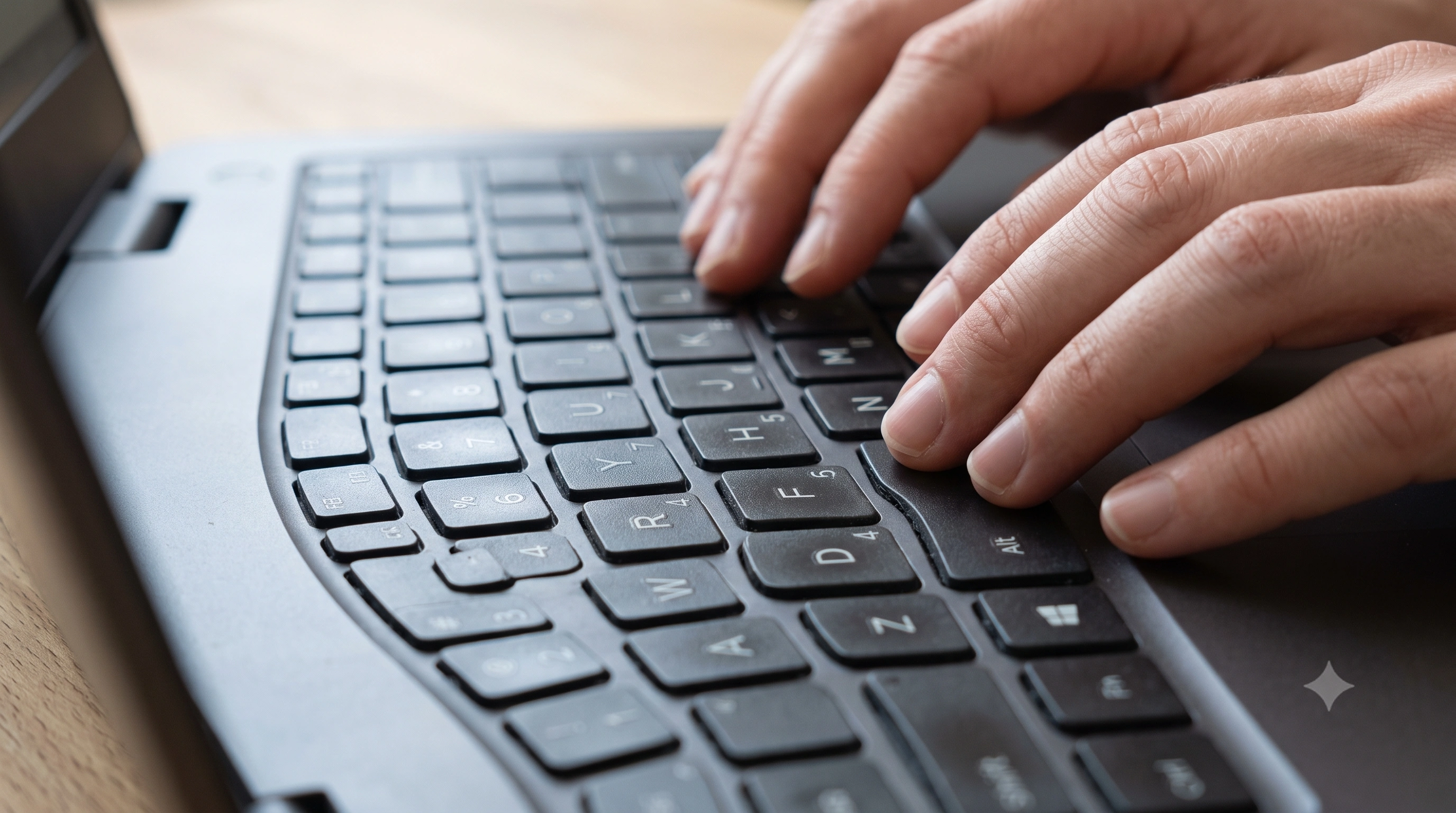 Close-up of hands typing on a laptop keyboard with small numeral legends visible printed in the corner of the U, I, O, J, K and L keys