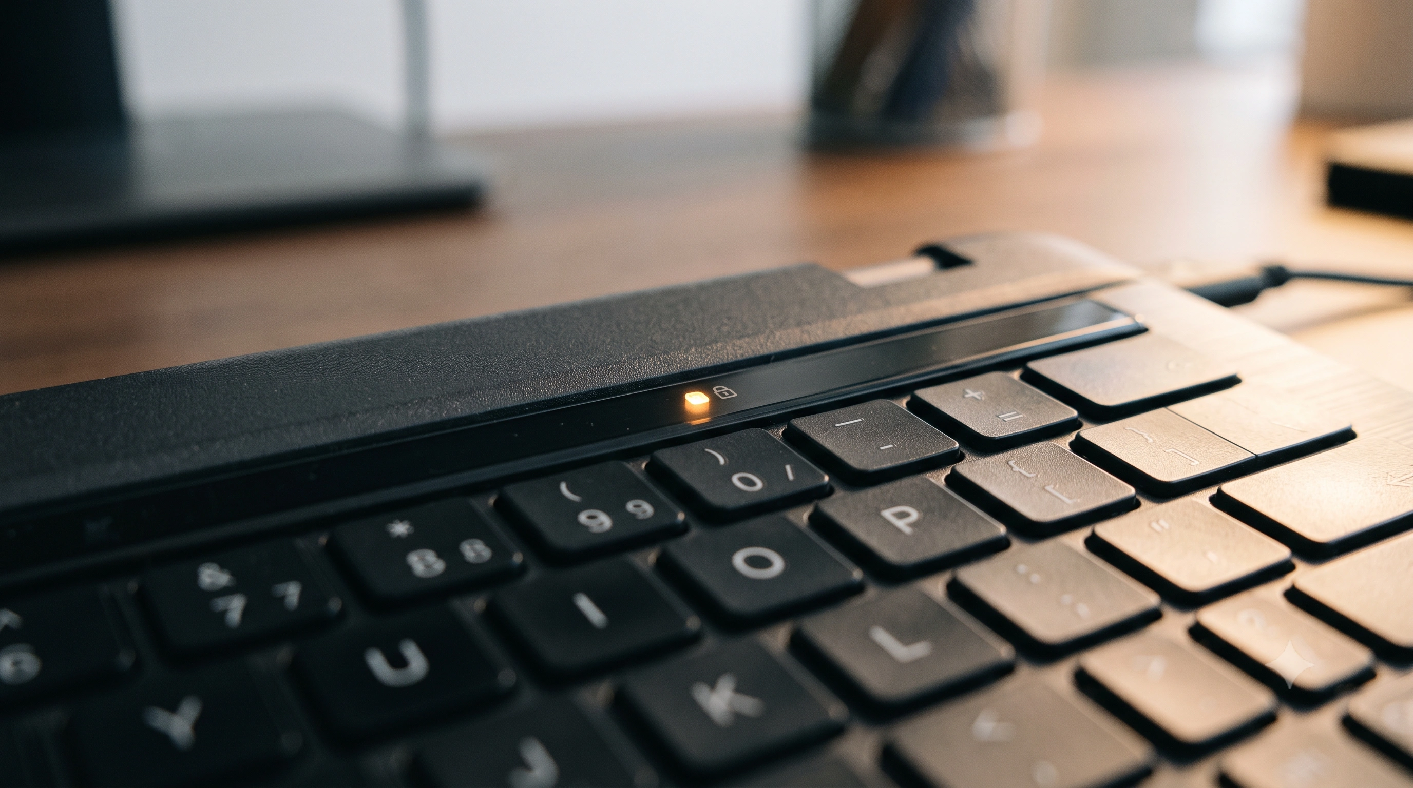 Close-up of a laptop's Num Lock indicator light next to the small numeric keypad legends printed on the keyboard