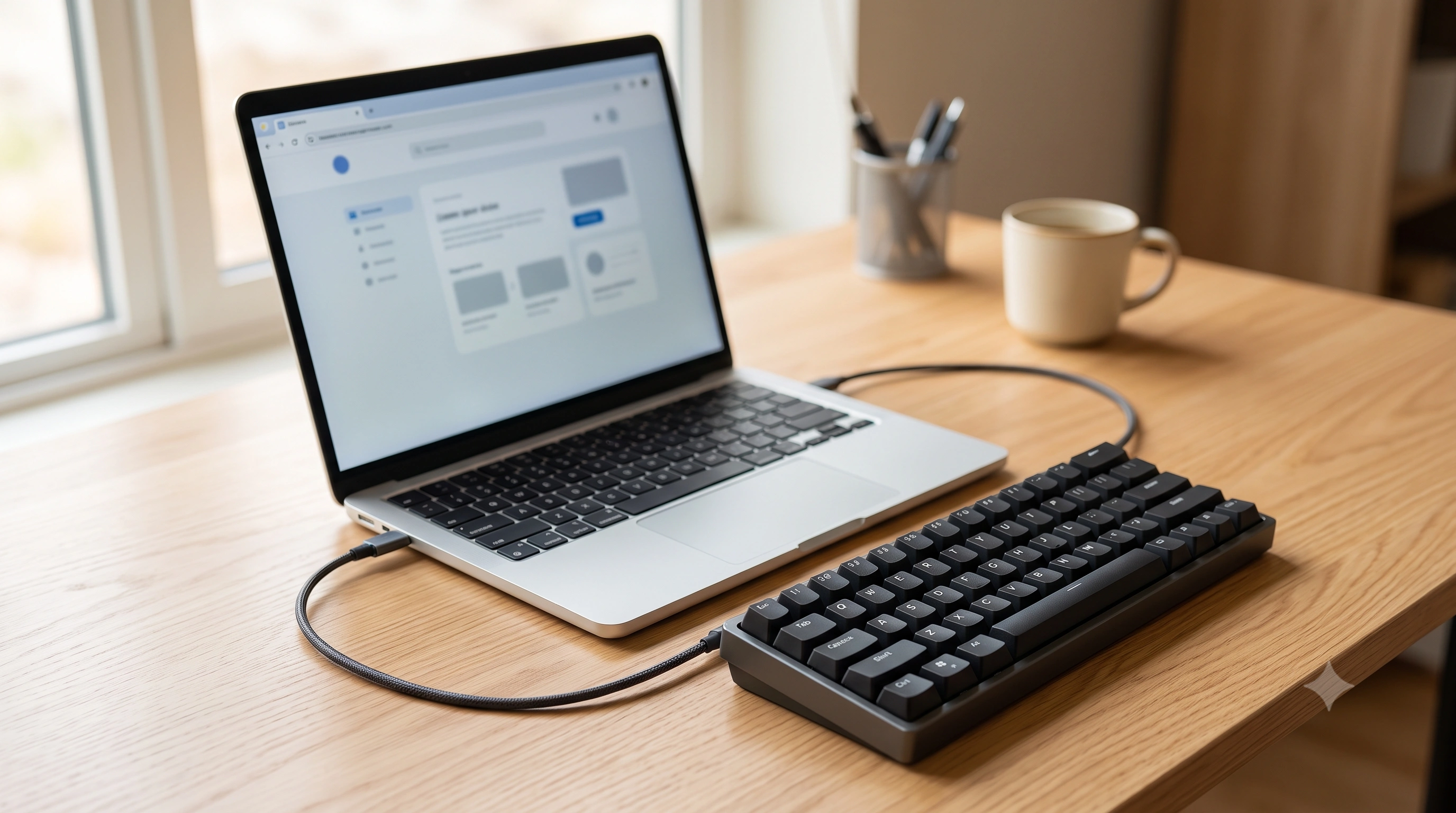 A laptop with an unresponsive built-in keyboard sitting next to a plugged-in external USB keyboard on a desk
