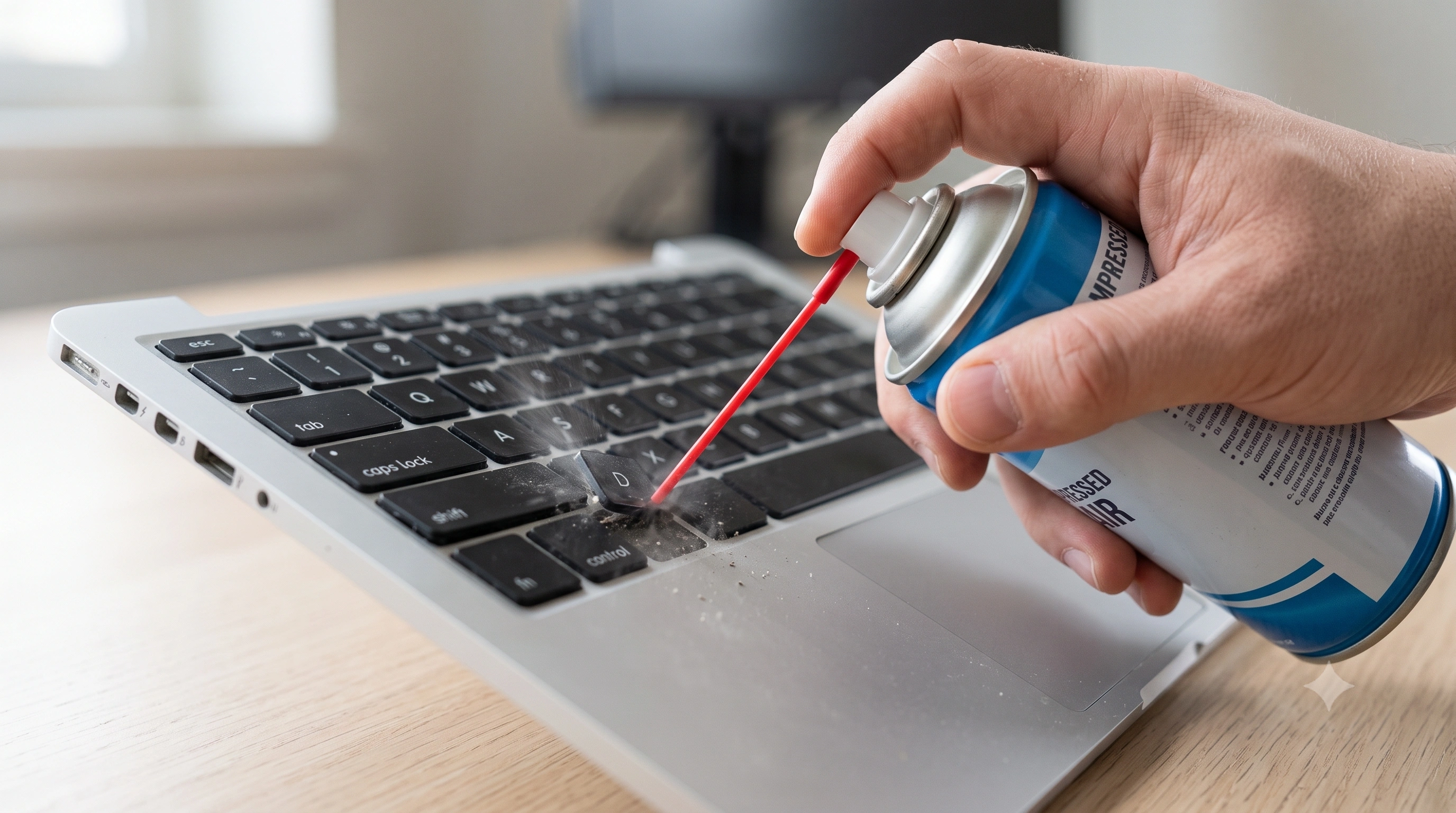 Close-up of a hand using a can of compressed air to clean debris from underneath a laptop keyboard key