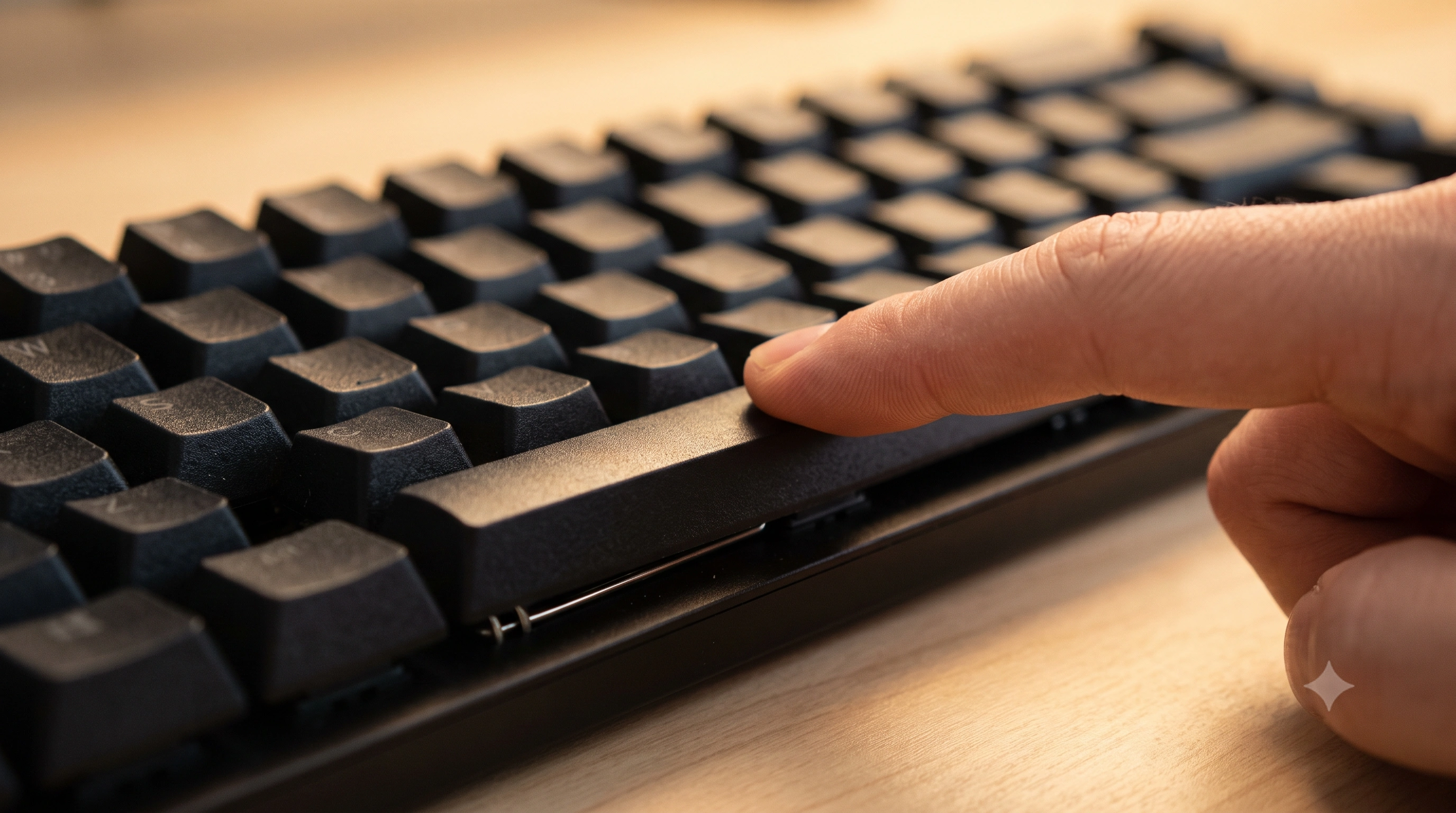 Close-up of a hand pressing a mechanical keyboard's spacebar, with the long metal stabilizer wire visible beneath the keycap