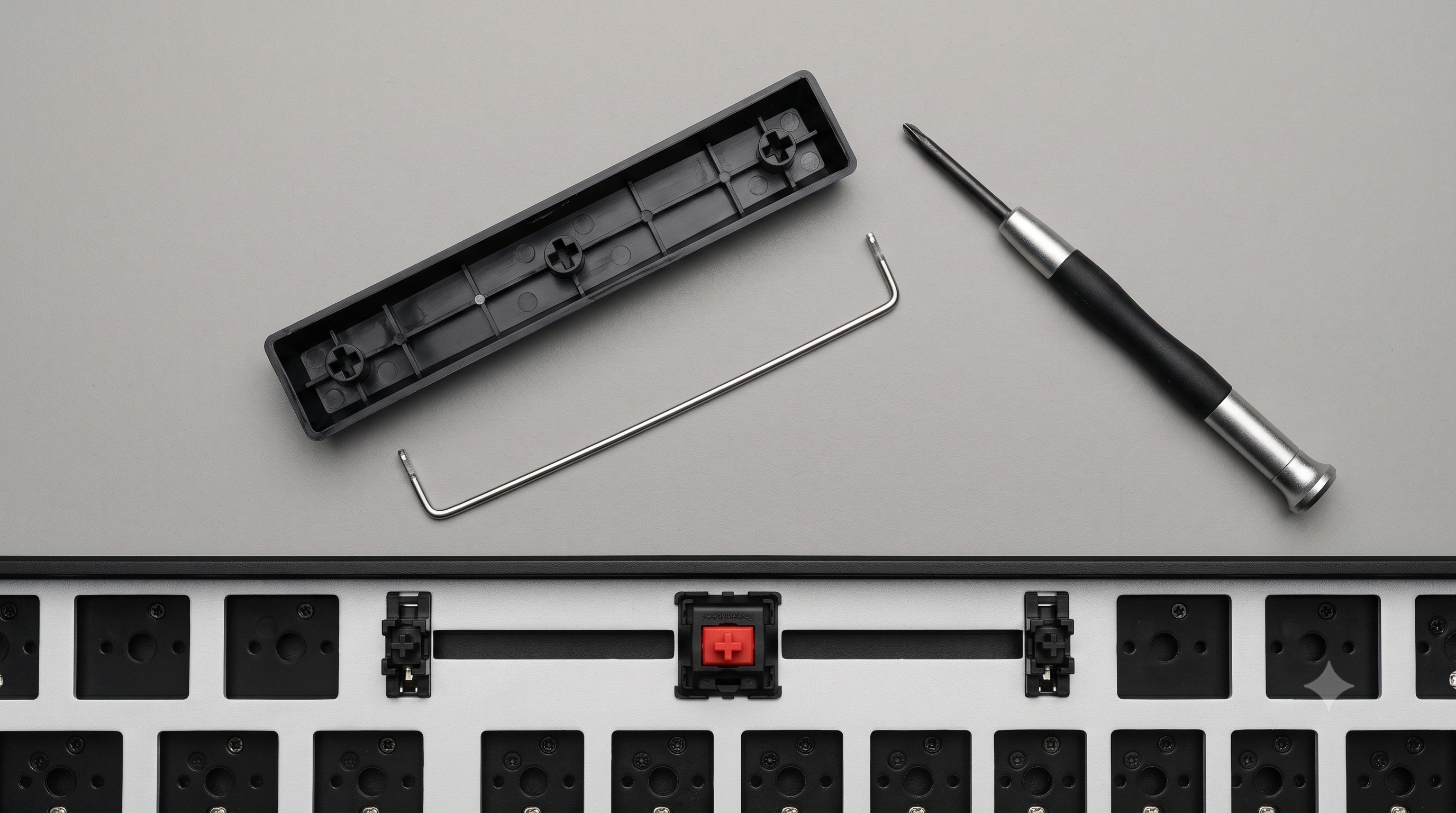 Disassembled keyboard spacebar keycap on a desk next to its wire stabilizer and the switch it clips onto, with a small screwdriver nearby