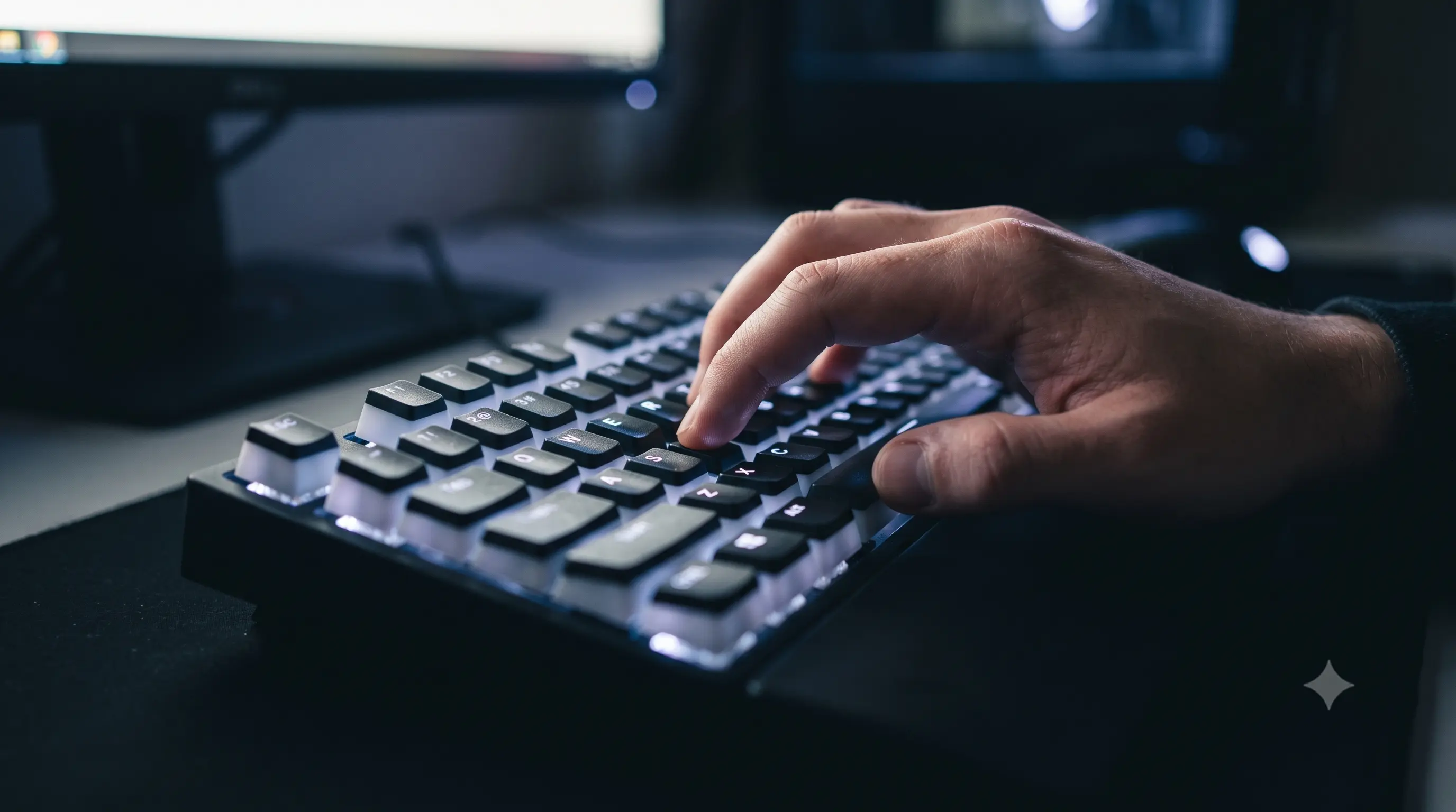 Gamer's hand holding down multiple keys — W, A, S, D and Space — on a mechanical keyboard mid-game