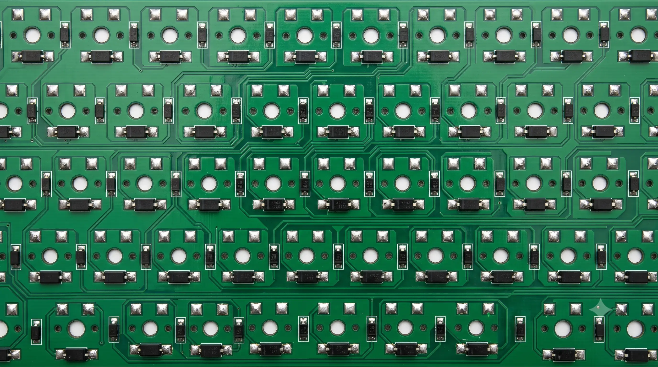 Top-down view of an opened mechanical keyboard PCB showing the grid of switches and diodes that form the key matrix